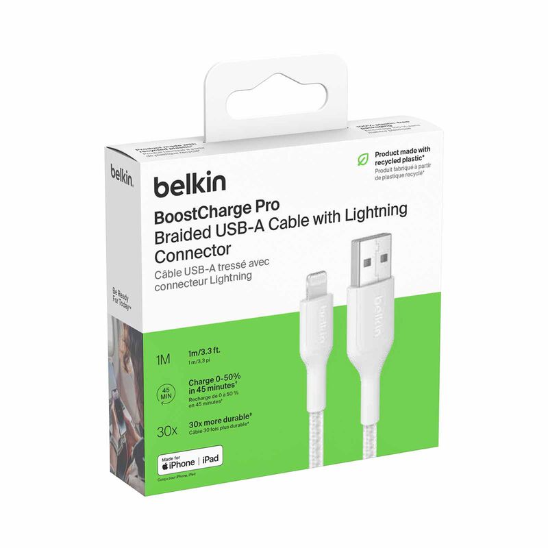 BELKIN Usb-a - Lightning Cable, Braided Pcr, 1m, White CAA020FQ1MWH-image 4