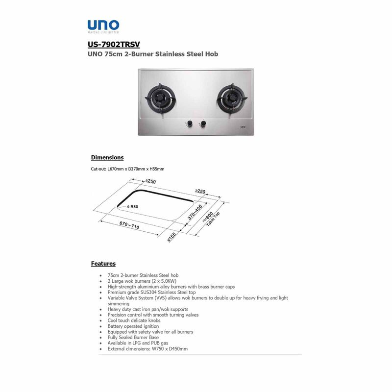 UNO 75cm 2 Burner Stainless Steel Hob, Battery Operated Ignition US-7902TRSV-image 2