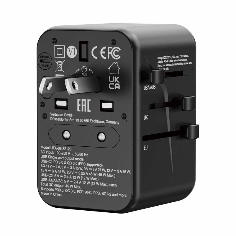 VERBATIM Uta-08 Universal Travel Adapter With 1 X Usb-c Pd 45w / 1 X Usb-c / 3 X Usb-a VM32123-image 8