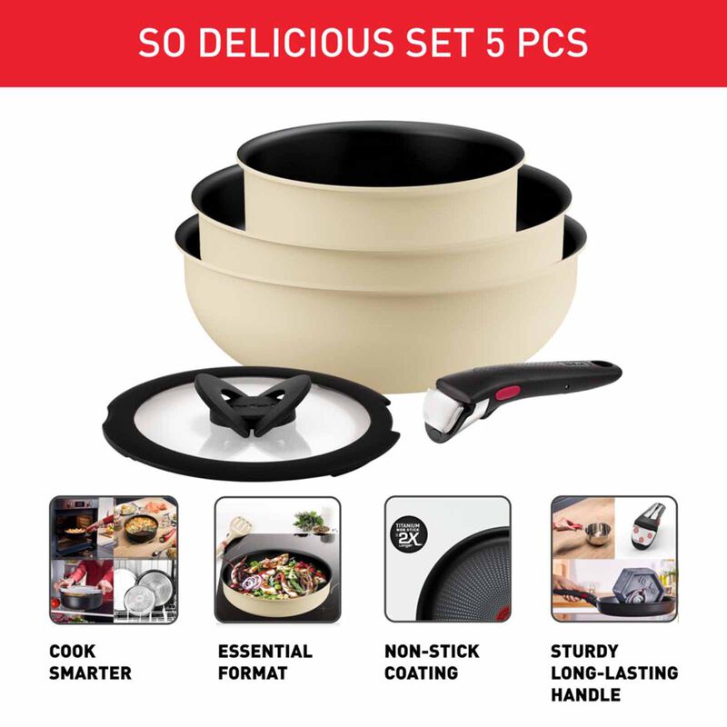 TEFAL Ingenio So Delicious 5pc Ih Cookware Set - Beige L826S5-image 2