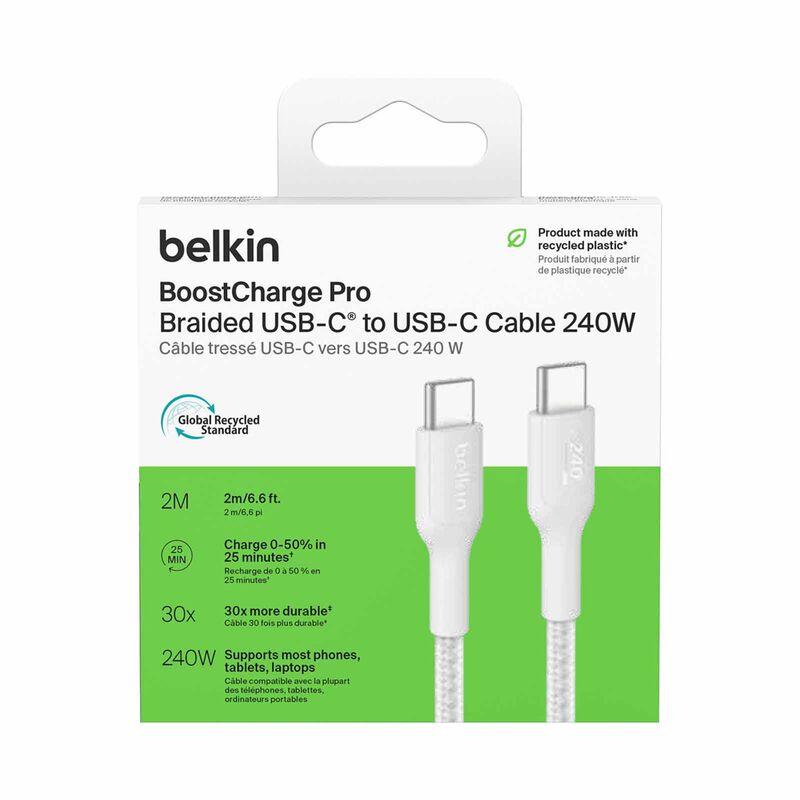 BELKIN Usb-c - Usb-c Cable 240w 2.0, Braided Pcr, 2m, White CAB025FQ2MWH-image 2