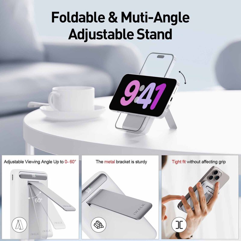 IWALK Powerstand 10000mah Qi2 Magnetic Wireless Fast Charger With Multi-angle Adjustable Stand White MXB014-002A-image 9