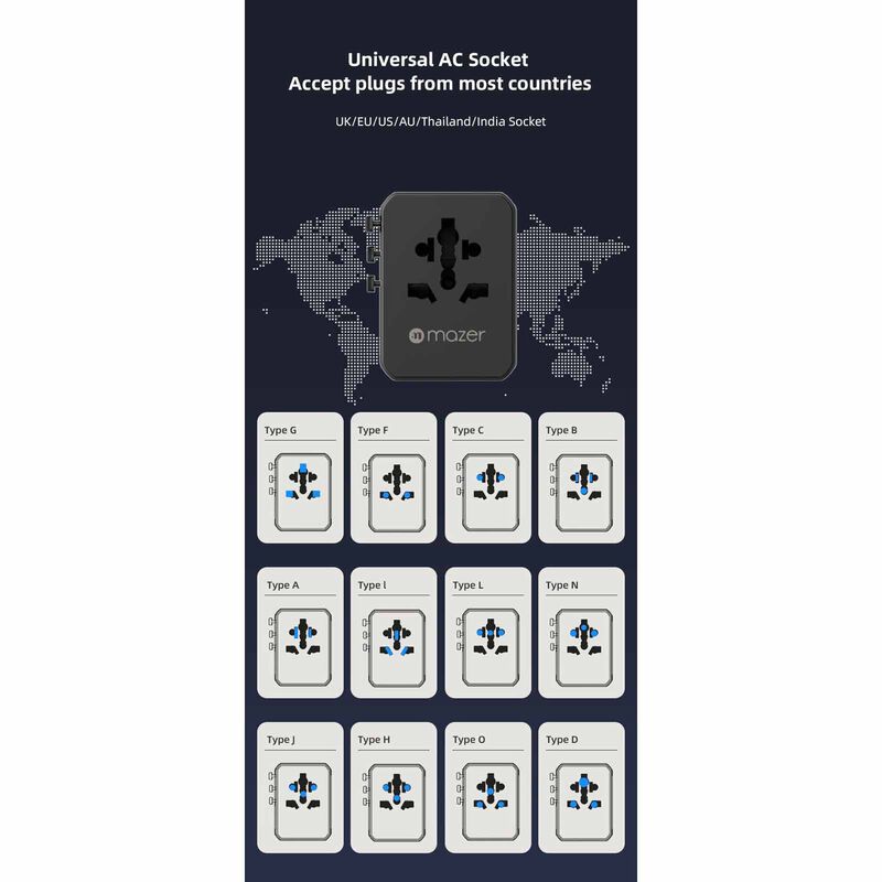 MAZER Infinitetravel 3c/2a Usb Pd70w + 3xac International Travel Adapter - Black M-TC270-BK-image 12