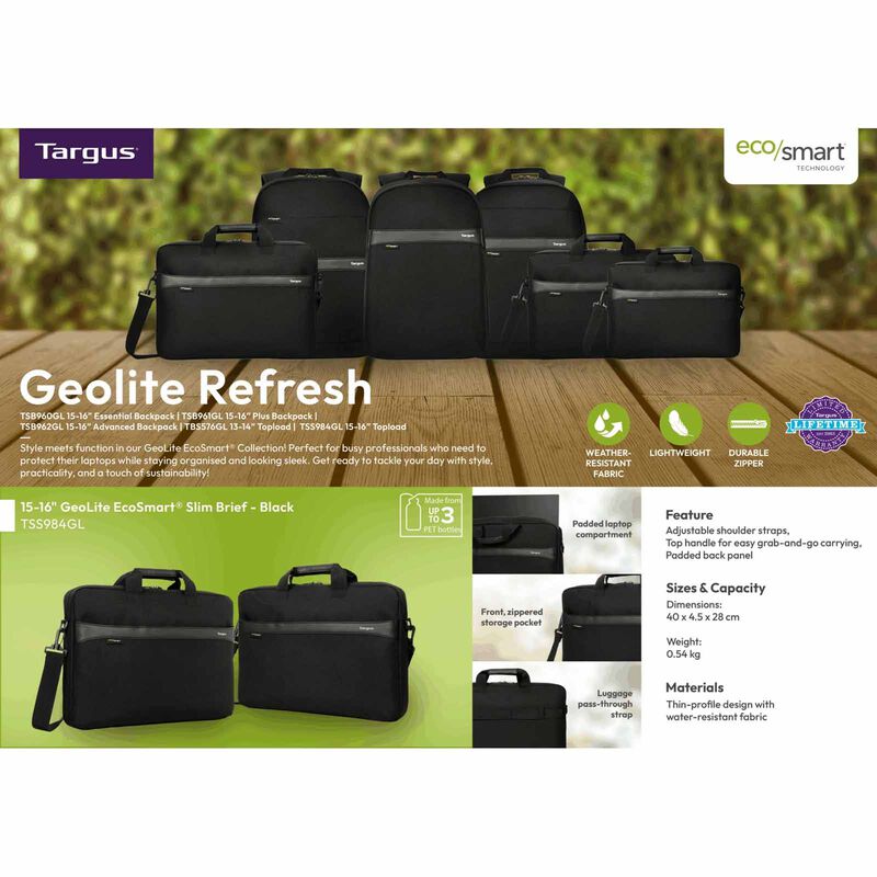 TARGUS 15-16 Inch Geolite Topload Laptop Case - Black TSS984GL-70-image 6