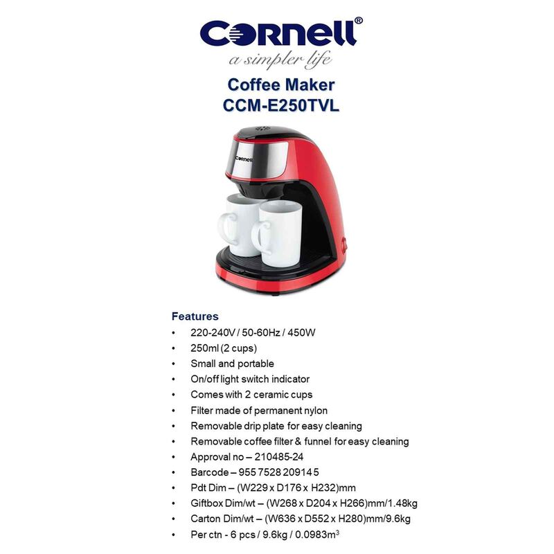 CORNELL Coffee Maker (250ml) - Red CCME250TVL-image 6