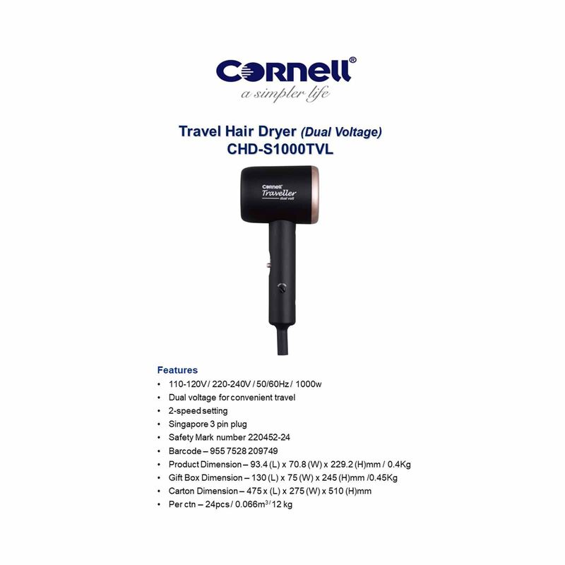 CORNELL Travel Hair Dryer (1000w) CHDS1000TVL-image 6