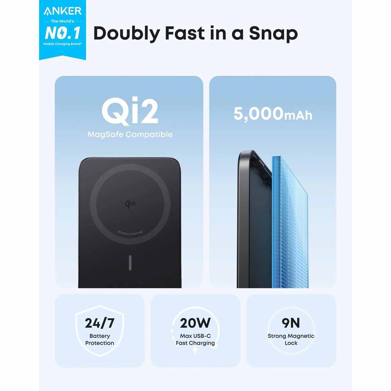 ANKER Maggo Ultra-slim 5000mah Qi2 Certified 15w Powerbank - Black A1665H11-image 3