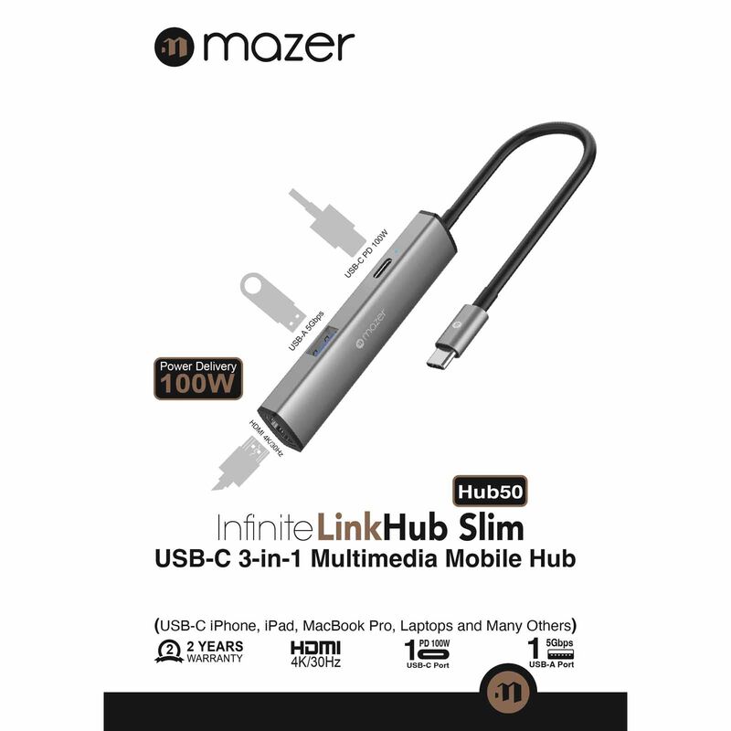 MAZER Infinitehub 3in1 Usb-c To Hdmi 4k/30hz + Usb-ax1/usb-c Pd100w Charging Hub-grey M-HUB50-GY-image 4