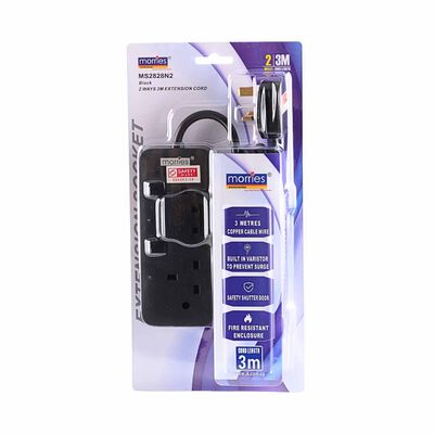MORRIES 2 Way 3m Extension Cord With Surge Protector Black MS-2828N2/3M/BK