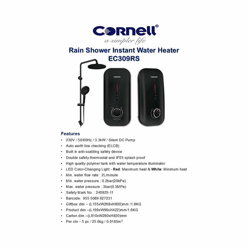 CORNELL Rain Shower Instant Water Heater (dc Pump With Elcb) - Black EC309RS-image 2