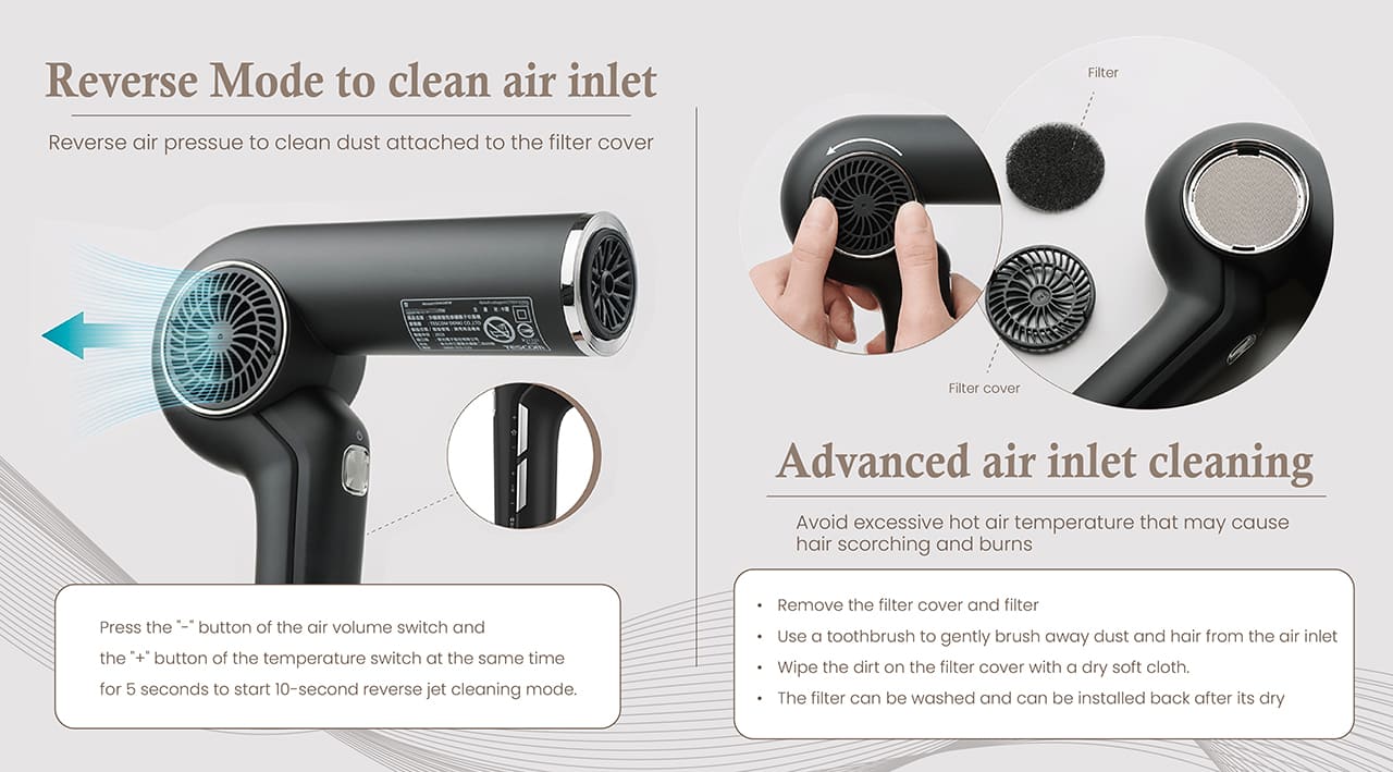 Reverse Mode to clean air inlet | Advanced air inlet cleaning