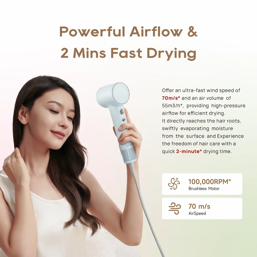 Powerful Airflow & 2 Mins Fast Drying