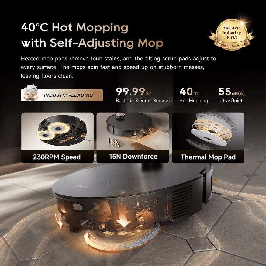 40°C Hot Mopping with Self-Adjusting Mop